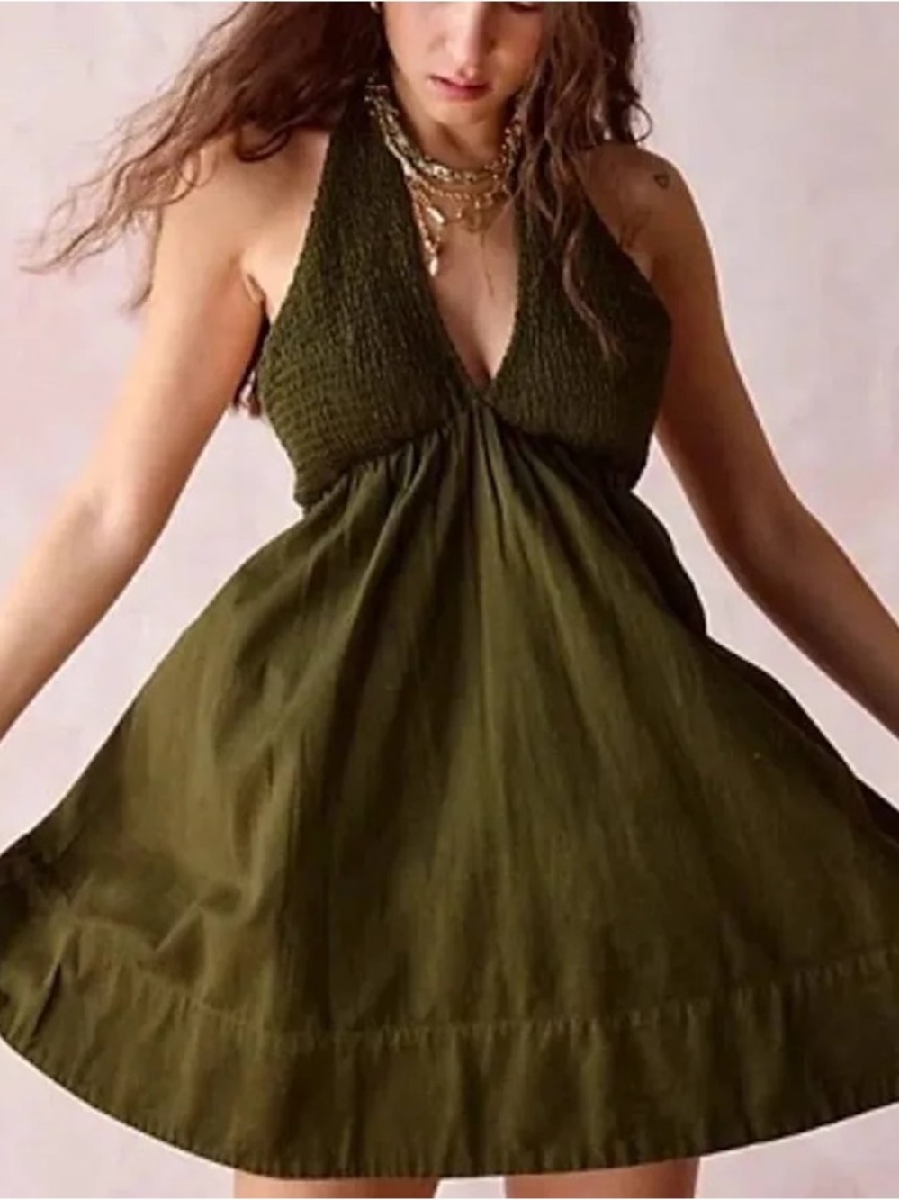 BDG Women's Iris Smocked Plunging V-Neckline Halter Mini Dress